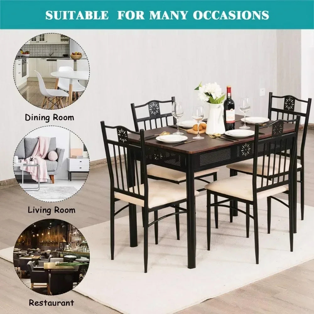 5-Piece Dining Table & Chair Set with Vintage Wood Finish Table Top, Metal Frame & Upholstered Seat Chairs