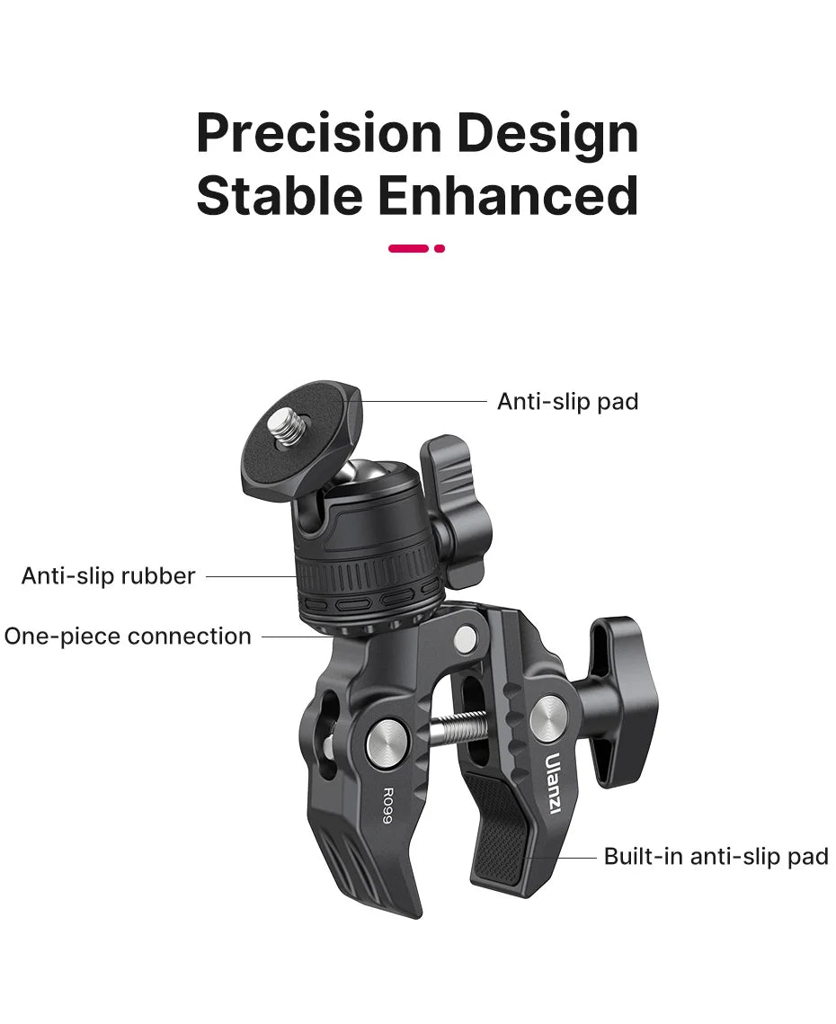 Quick Release Super Clamp with 360° Mini Ball-Head, 1/4" Stud Mount for Cameras, One-Piece Design & User Friendly