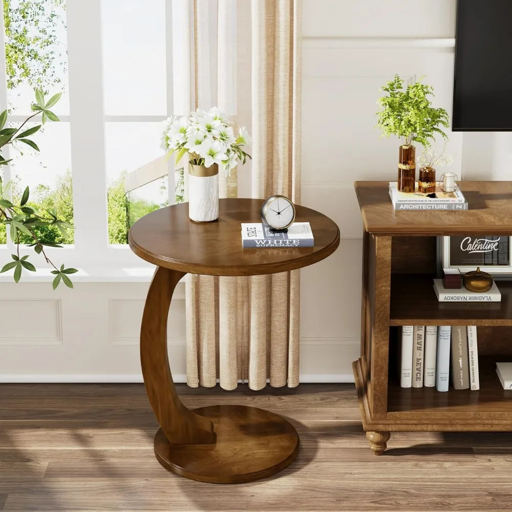 Vintage Industrial Design Wooden End Table, Round Tabletop & Base Connected with a C-Shaped Wood Leg