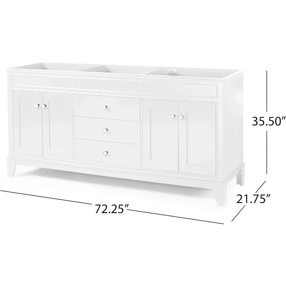 Double Ceramic Sink Bathroom Vanity with Marble Top, 3 Drawers & 2 Double Door Cabinets, 61" or 73" Length Options