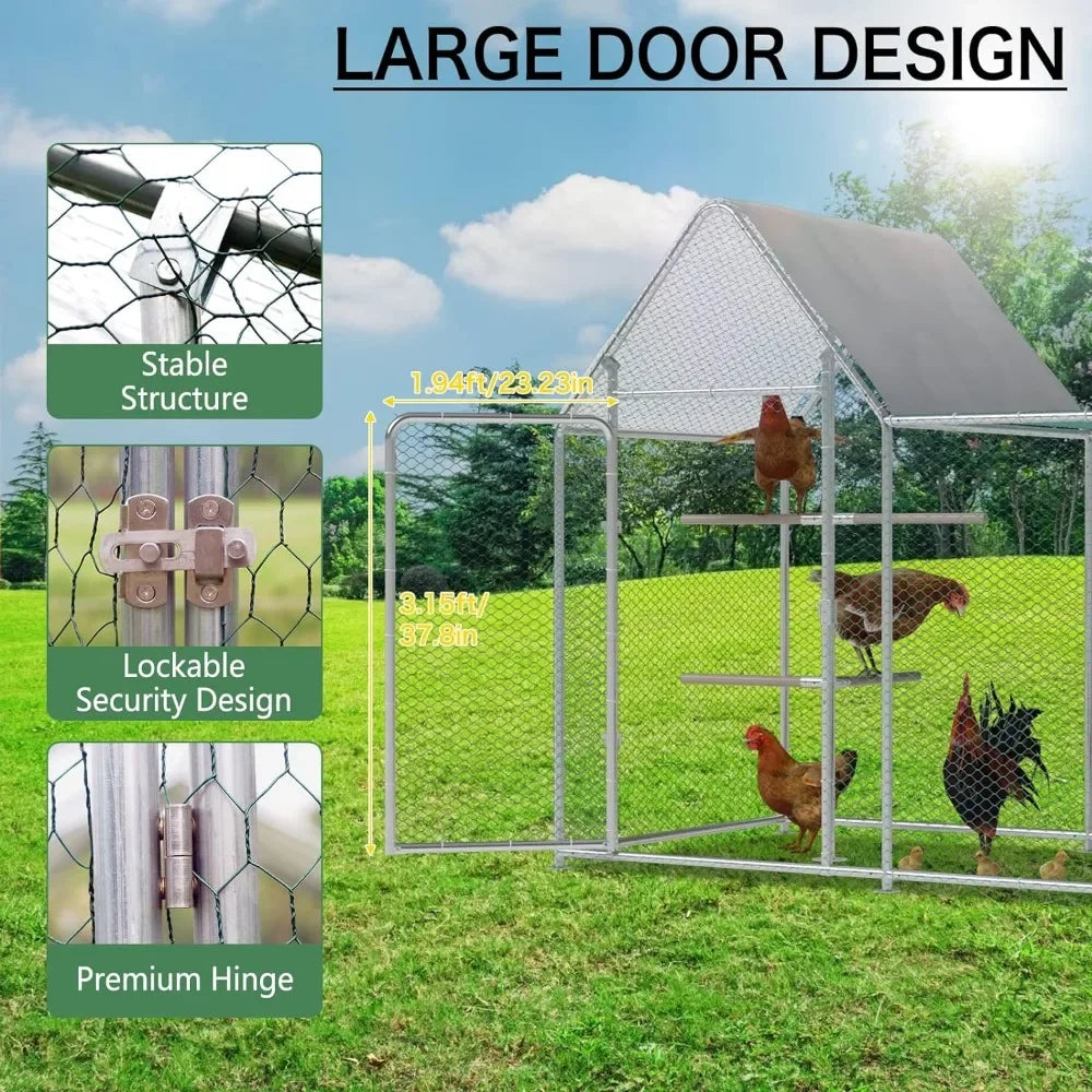 PVC Coated Metal Wire Fence Enclosure for Chickens with Waterproof Cover, Walk in Poultry Cage with Chicken Run House