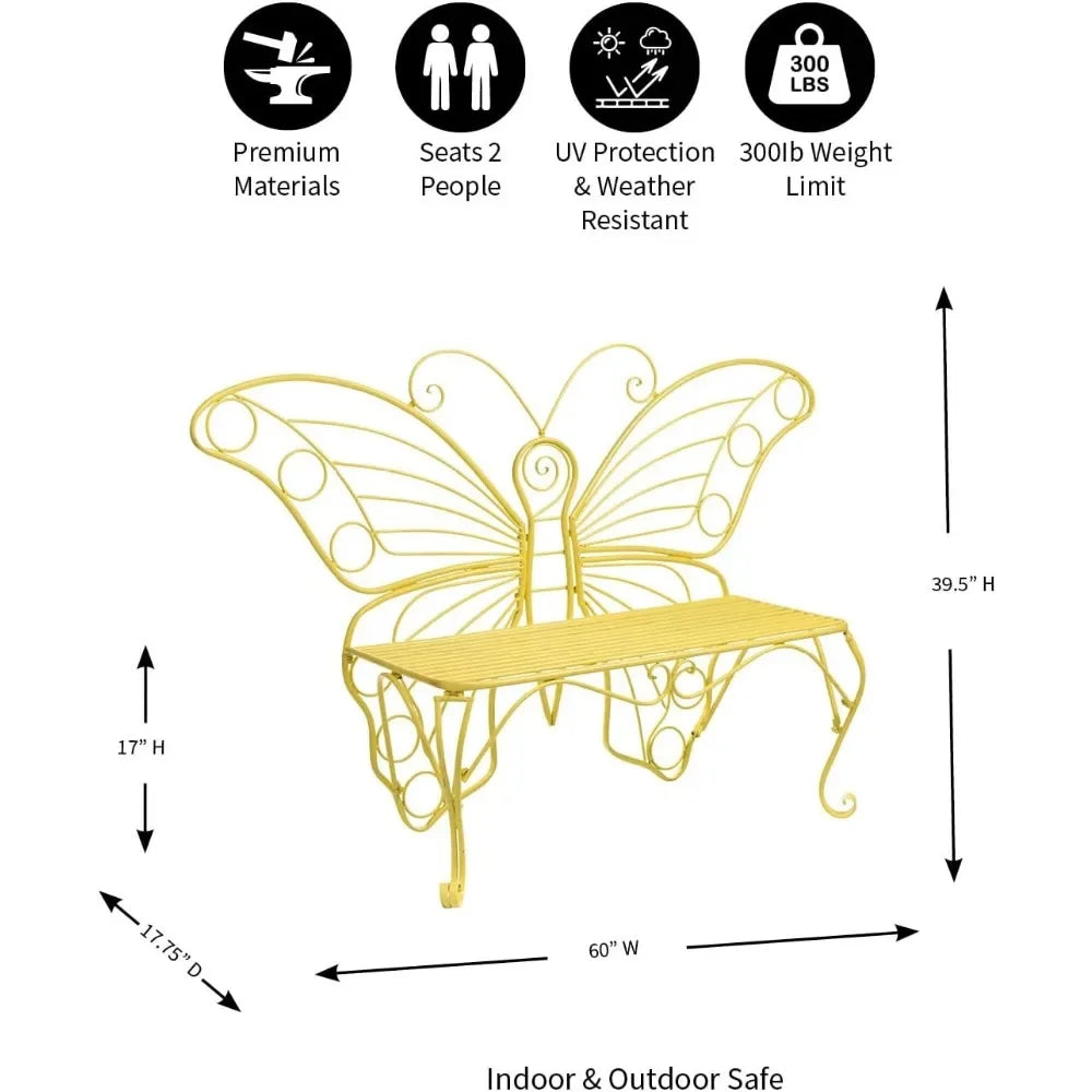 Butterfly Shaped 2 Person Indoor/Outdoor Metal Bench, Colorful Powder-Coated Tubular Frame, Yellow