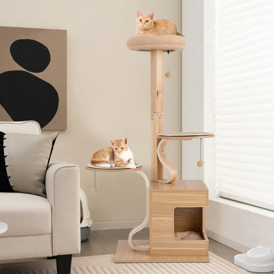 Wooden 4-Layer Cat Scratching Tower with Condo, Top Perch, 2 Jumping Platforms & 3 Dangling Balls