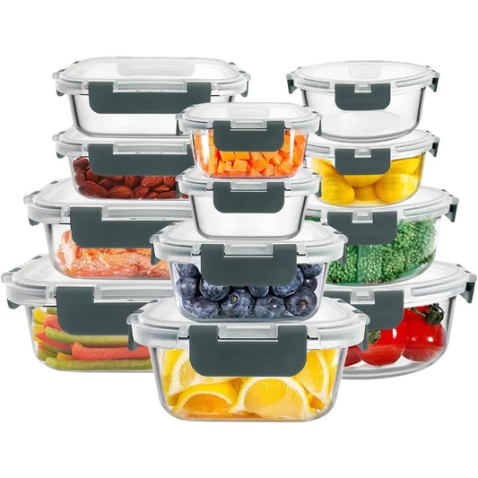 Premium Borosilicate Glass Food Storage Containers, 12pcs with Air-Tight Snap Locking Lids, Use in the Freezer & Straight into Oven