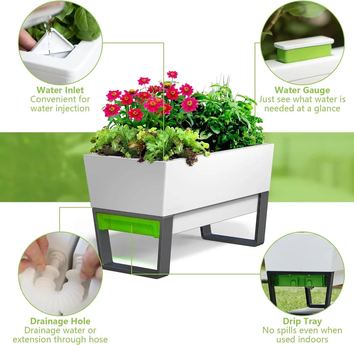 Urban Raised Self Watering Planter Box with Water Gauge, Clip-on Drip Tray, Water Inlet & Drainage Hole, Made of Injection-Molded HDPE