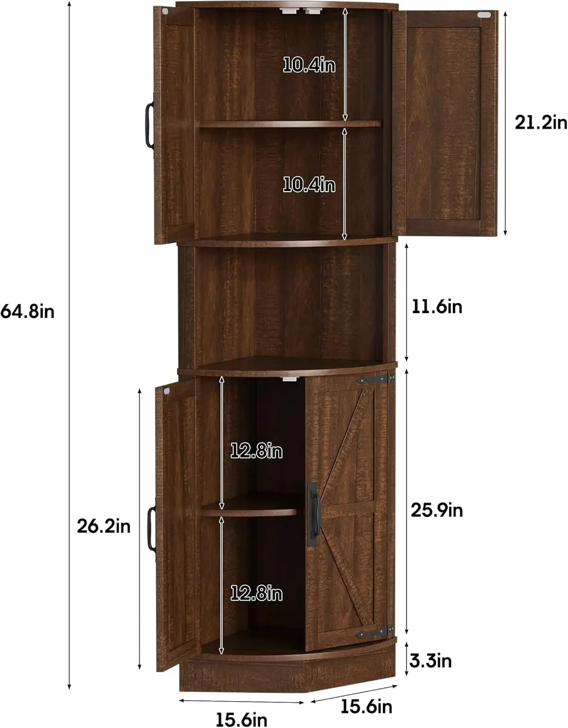 Space Saver Corner Cabinet with Right-Angle Design, 2 Enclosed Cupboards with 4 Barn Style Doors & Open Storage Shelf