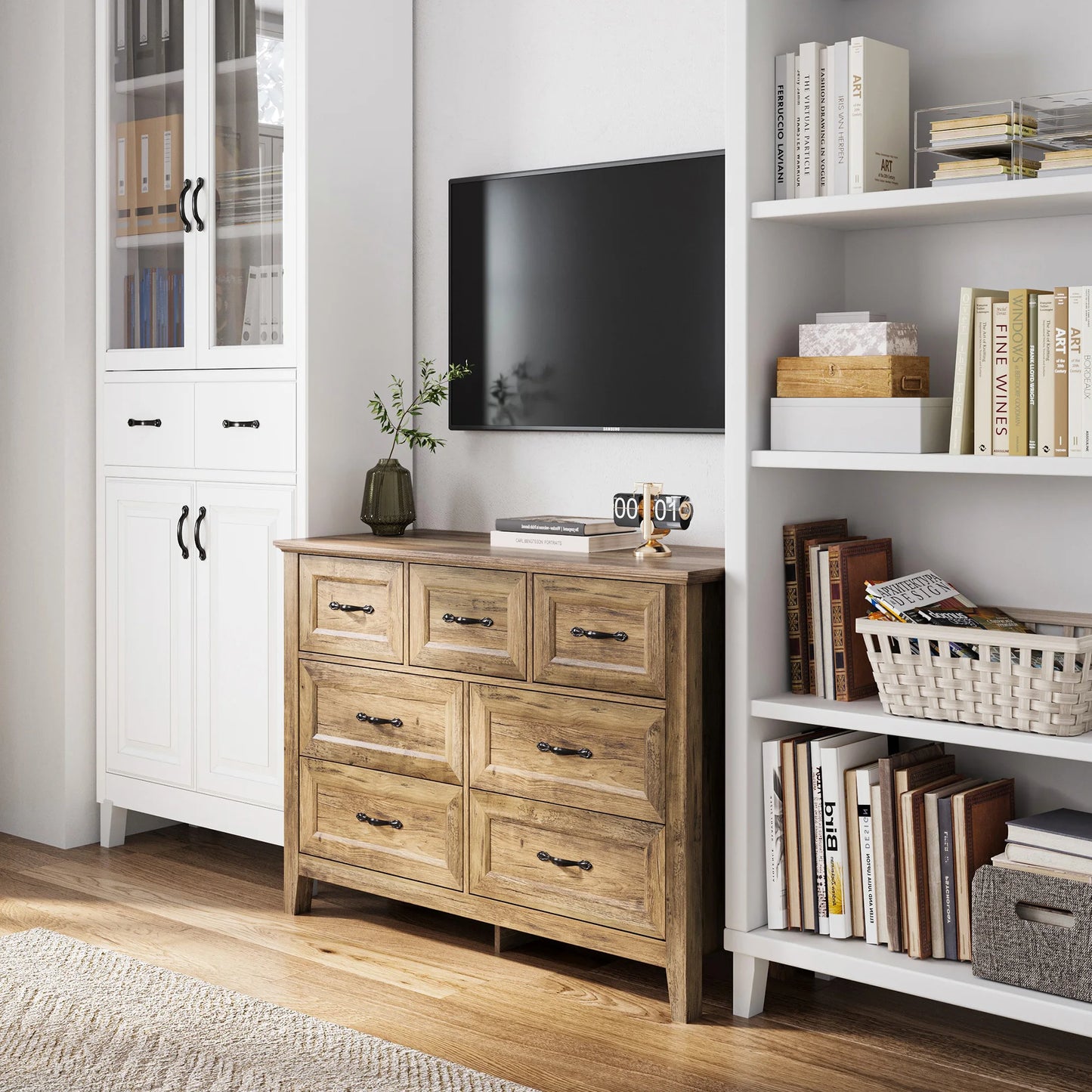 Long Wood Dresser with 7 Drawers & Metal Handles, Made with Eco-Friendly Wood