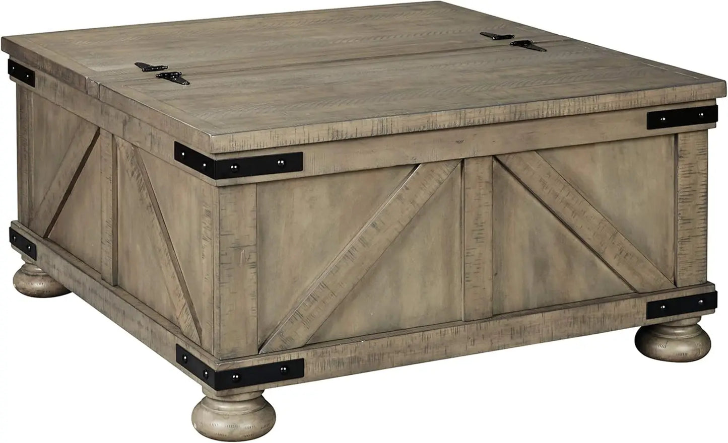 Farmhouse Square Coffee Table with Hidden Storage under 2 Side-Hinged Lift Tops, Weathered-Look with Metal Accents