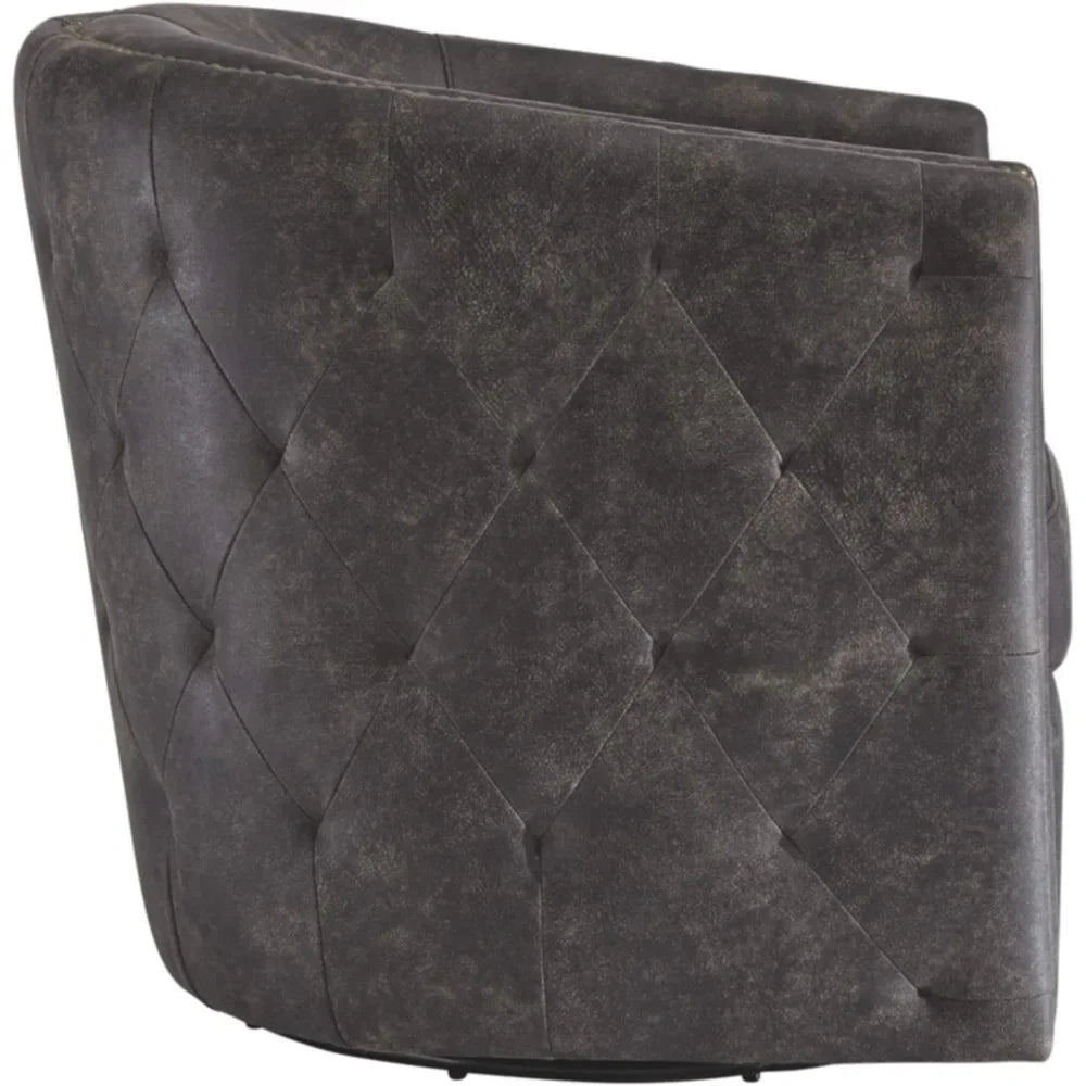 Distressed Black Tufted Barrel Back Swivel Chair with Brass-Tone Nail Head Accents