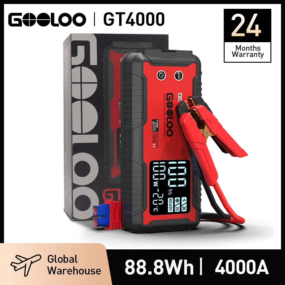 Automobile Jump Starter with 24000 mAh Power Bank, PD 100W Fast Charging, 3 LED Light Modes & 3.2” LED Screen, Operates at -40°F