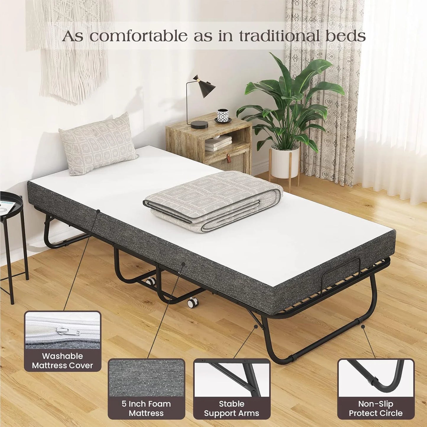 Steel Frame Rollaway Bed with Mattress, Lockable Wheels, Removable/Washable Mattress Cover, Bed Dust Cover for Storage