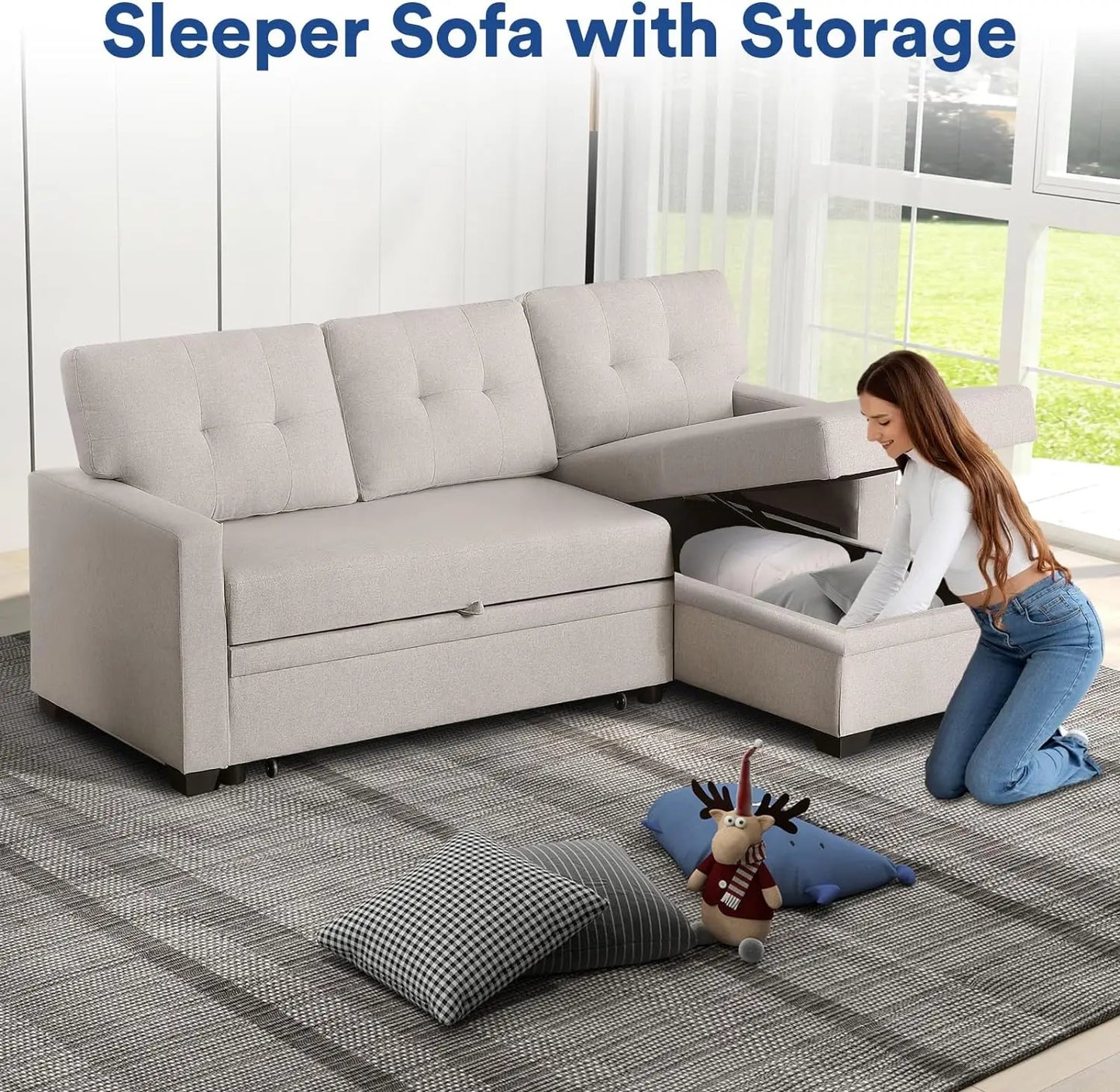 L-Shaped Chaise Couch with Storage & Pull Out Bed, Multifunctional Comfy Sectional Sleeper Sofa