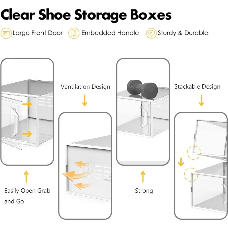 Clear Plastic Stackable Shoe Organizer with Snap-Tight Clasp Design, Shoe Storage Boxes, Fits Up to Size 11 Shoe