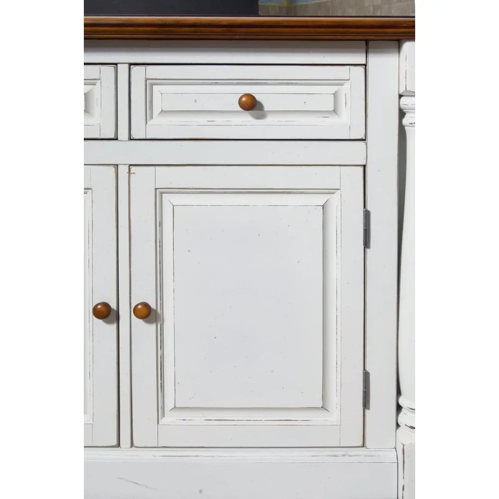 Monarch White Kitchen Island with Distressed Oak Top, Black Granite Top Inset, 2 Door Cabinet with 4 Adjustable Shelves & 2 Drawers