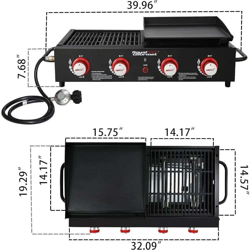 Tabletop Gas Griddle Combo with 4 Independently Controlled Burners, Sure Spark Ignitor & 40000 BTU