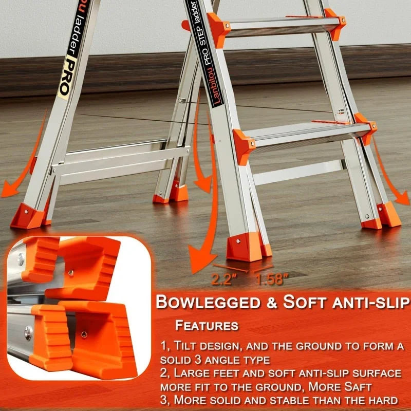 Aluminum 5 Step Ladder with Handrails, Anti-Slip Wide Pedal, Tool Platform, Telescoping, Foldable