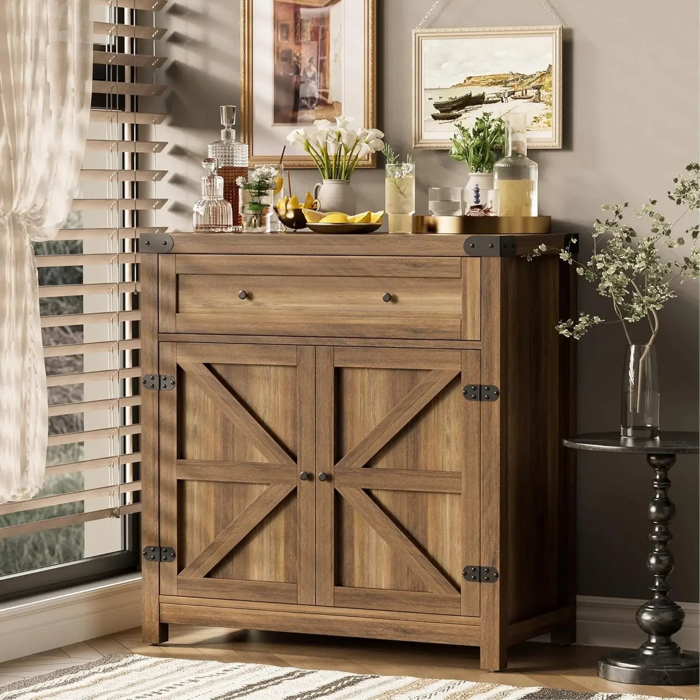 Kitchen Sideboard Buffet with 2 Barn Door Storage Cabinet, Adjustable Shelf & 1 Large Drawer