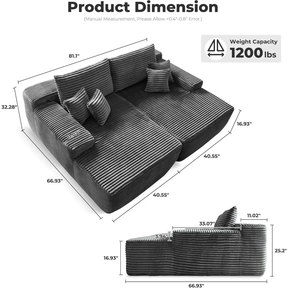 Oversized Sectional Double Lounge Chaise 81" with Cloud Plush Sofa Bed, Plush Corduroy Fabric, No Assembly Required