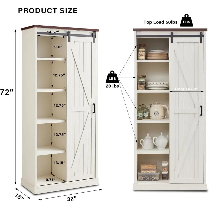 Kitchen Pantry Storage Cabinet 72", with Barn Style Sliding Doors, 4 Adjustable Shelves, Freestanding Cupboard, Antique White