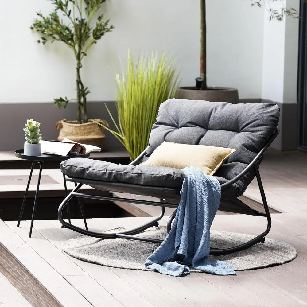 Indoor & Outdoor Metal Lounge Rocking Chair with Thick Tufted Cushions, Electro Coated & Powder Coated Steel Frame