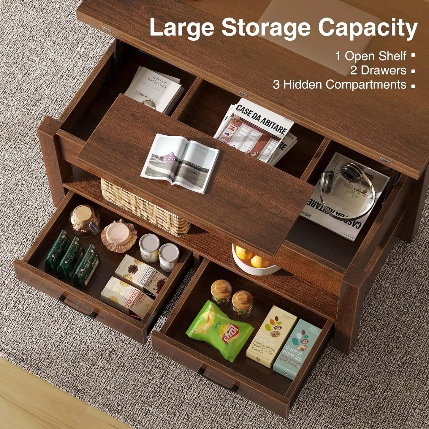 Split Lift Top Coffee Table with 3 Hidden Storage Areas & 2 Sliding Drawers, Multi-Functional Table for Smaller Rooms