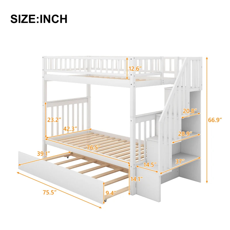 Twin Bunk Beds with a Trundle Bed & Open Staircase with Storage Shelves, Bedroom Furniture with Three Sleeping Areas