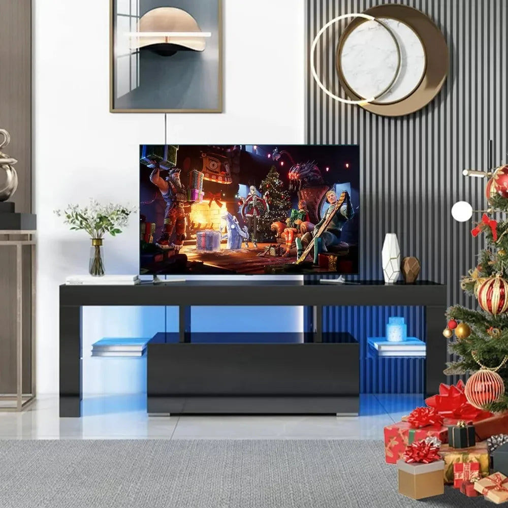 Modern Entertainment Center TV Stand with Storage Drawer, Tempered Glass Shelves, 16 LED Light Colors & 4 Light Changing Modes