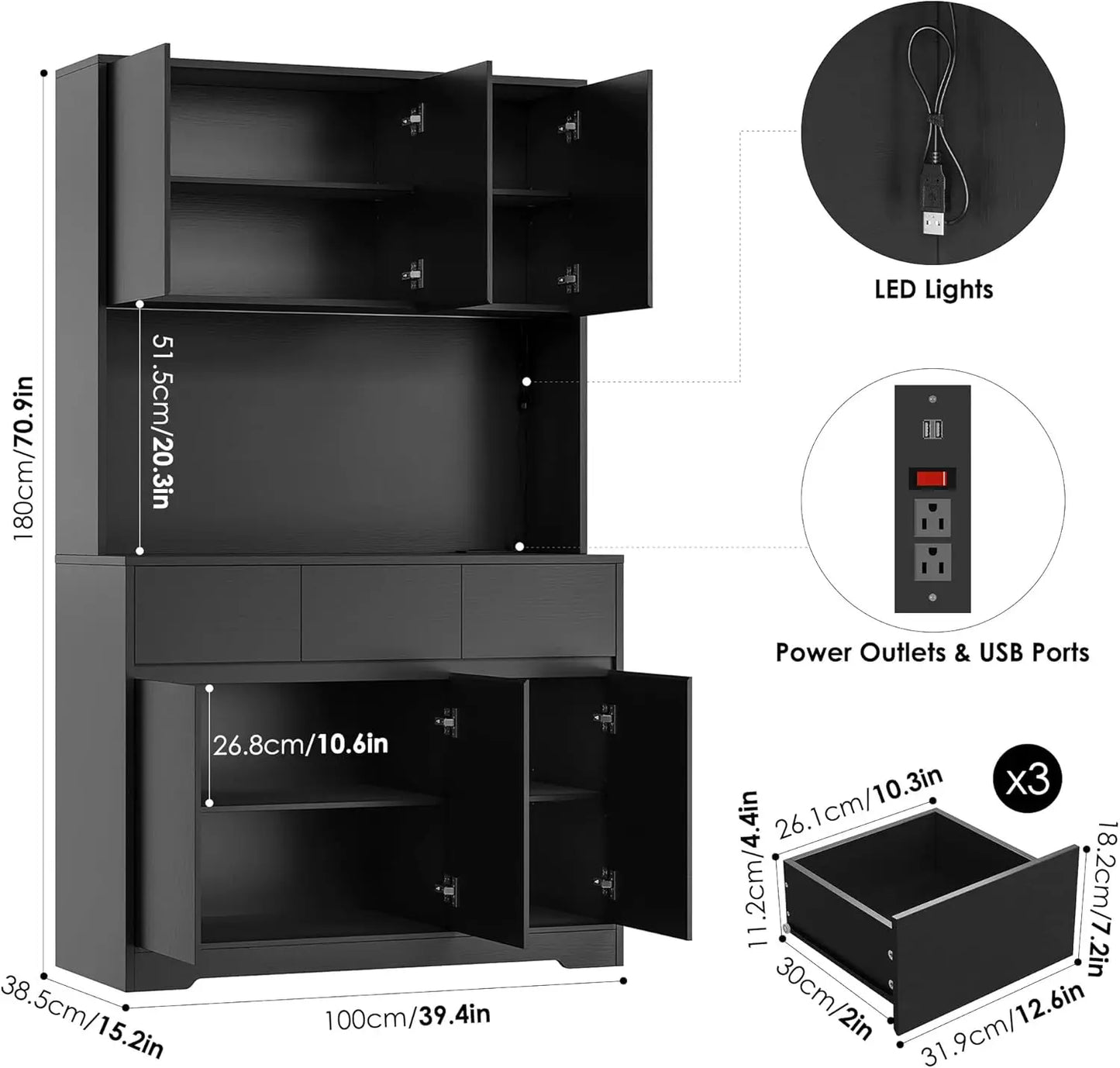 Kitchen Pantry Storage Cabinet with 4 Cabinets, 3 Drawers, Power Outlets, Led Lights & Open Countertop for a Microwave