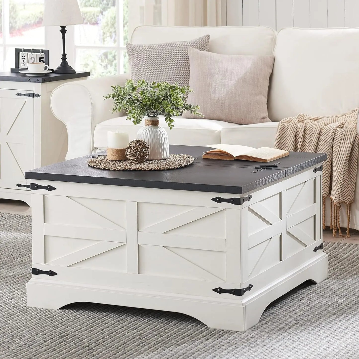 Square Wooden Table with Hidden Storage Compartment Under the Dual Liftable Tabletop Sections, Classic Barn Door Pattern Design