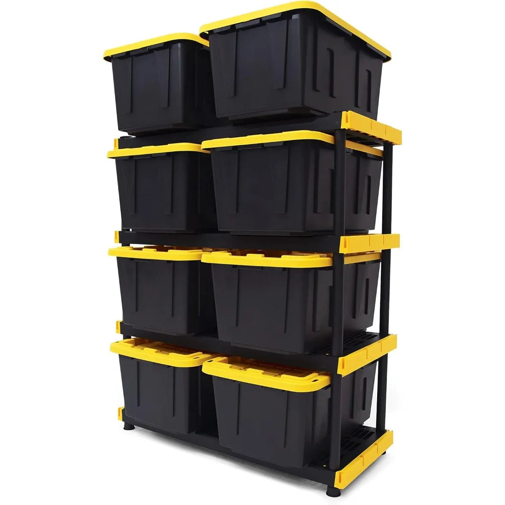 Black & Yellow® Shelving Unit & Heavy Duty Storage Containers, Extremely Durable®, Includes Shelf & 8 Pieces of 27 Gallon Containers