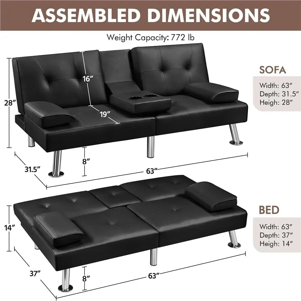 Artificial Leather Sofa Bed with Drop-Down Cup Holders & 2 Throw Pillows, Adjustable Backrest Lays Flat to Create a Platform Bed