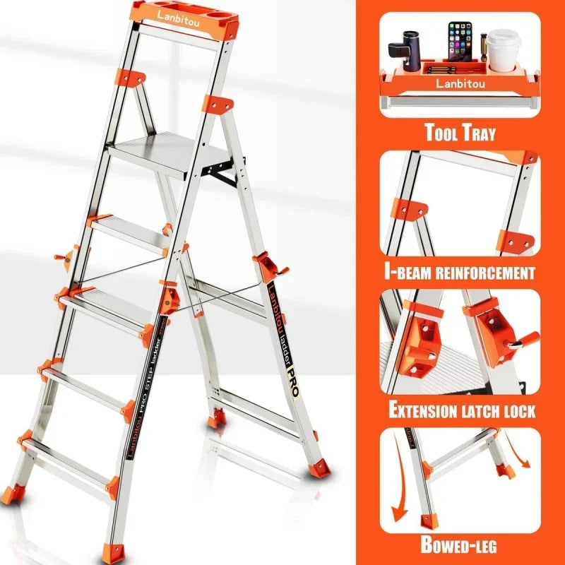 Aluminum 5 Step Ladder with Handrails, Anti-Slip Wide Pedal, Tool Platform, Telescoping, Foldable