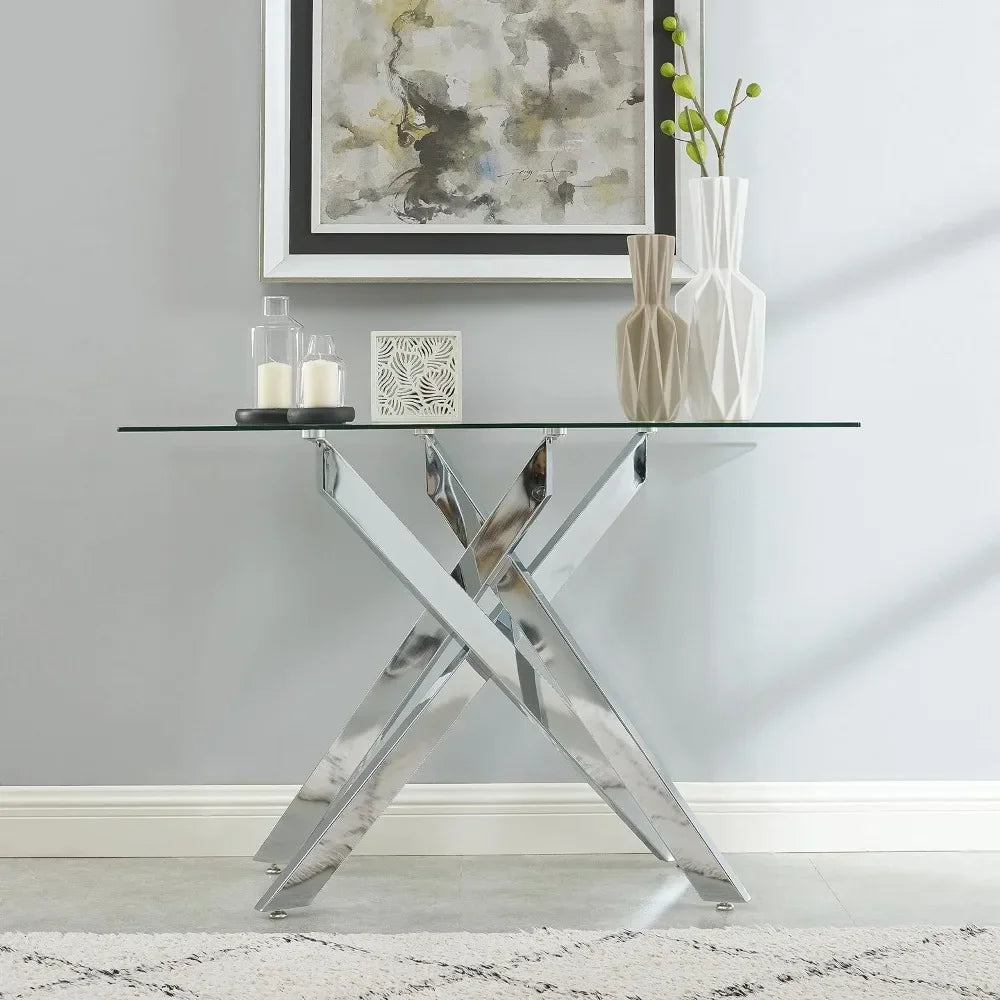 Geometric Design Narrow Sofa Table with 8mm Thick Tempered Glass Top & Metal Tubular Legs