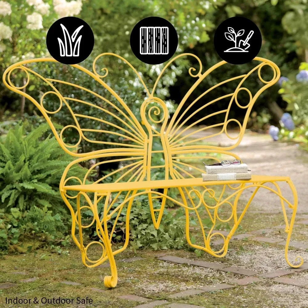 Butterfly Shaped 2 Person Indoor/Outdoor Metal Bench, Colorful Powder-Coated Tubular Frame, Yellow