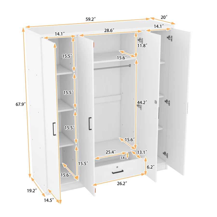 Wardrobe Cabinet Closet with 3 Doors, 2 Storage Drawers, Shelves & Hanging Rail for Clothes