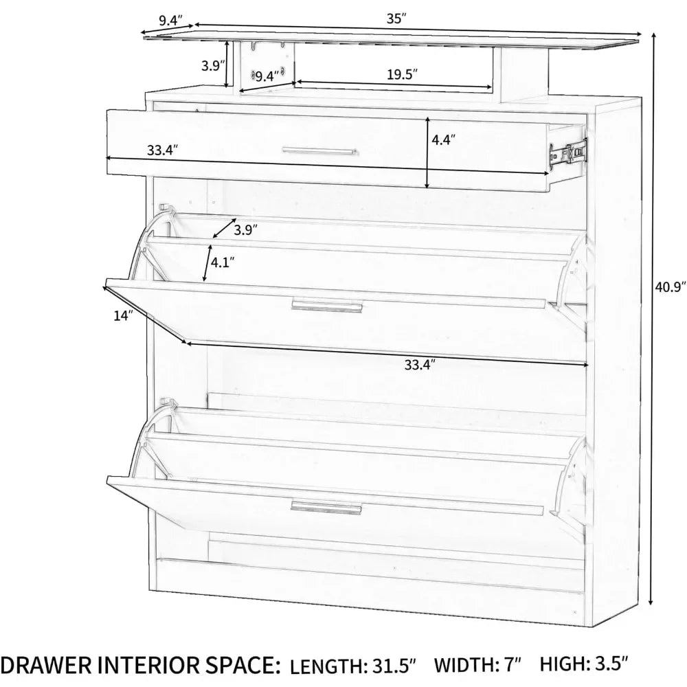 Hidden Shoe Storage Cabinet with 2 Flip Drawers, 1 Pull-Out Accessories Drawer, Tempered Glass Top & Adjustable or Removable Flip Drawer Panels