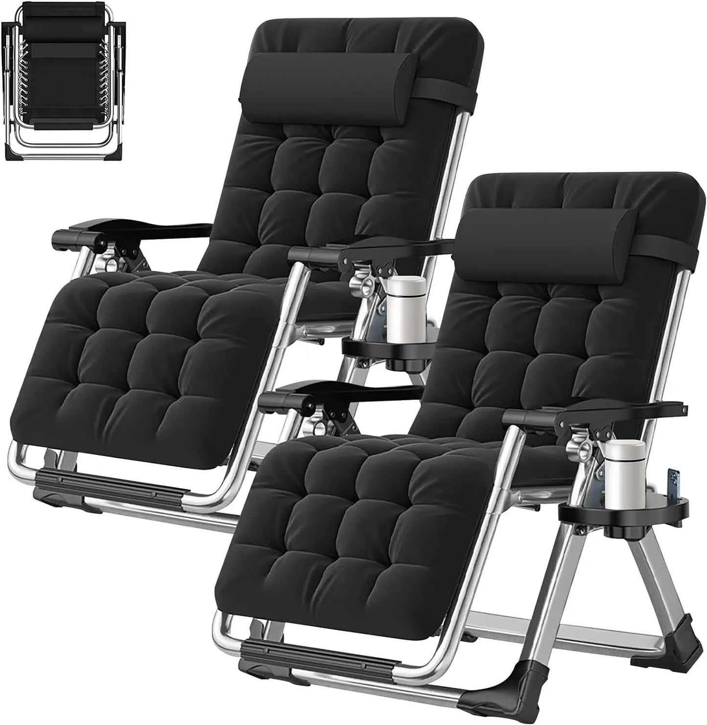 Zero Gravity Lounger Chair 2-Pack with Removable Cushion, Headrest & Cup Holder, Reclining / Foldable Chair for Indoors or Outdoors