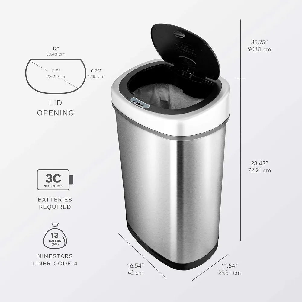 Touchless Infrared Motion Sensor Trash Can Combo Set, 13 Gallon & 2 Gallon, Stainless Steel D-Shaped Non-Skid Base & Fingerprint Resistant