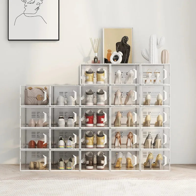 Clear Plastic Stackable Shoe Organizer with Snap-Tight Clasp Design, Shoe Storage Boxes, Fits Up to Size 11 Shoe