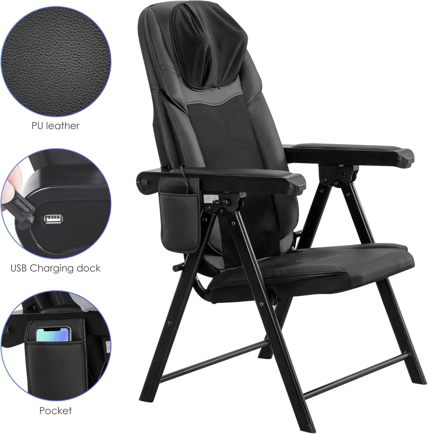 Portable Folding Massage Chair, Shiatsu Neck & Back Massager with Heat, Adjustable Backrest Height, 3 Level Vibrating Seat Massager & Remote