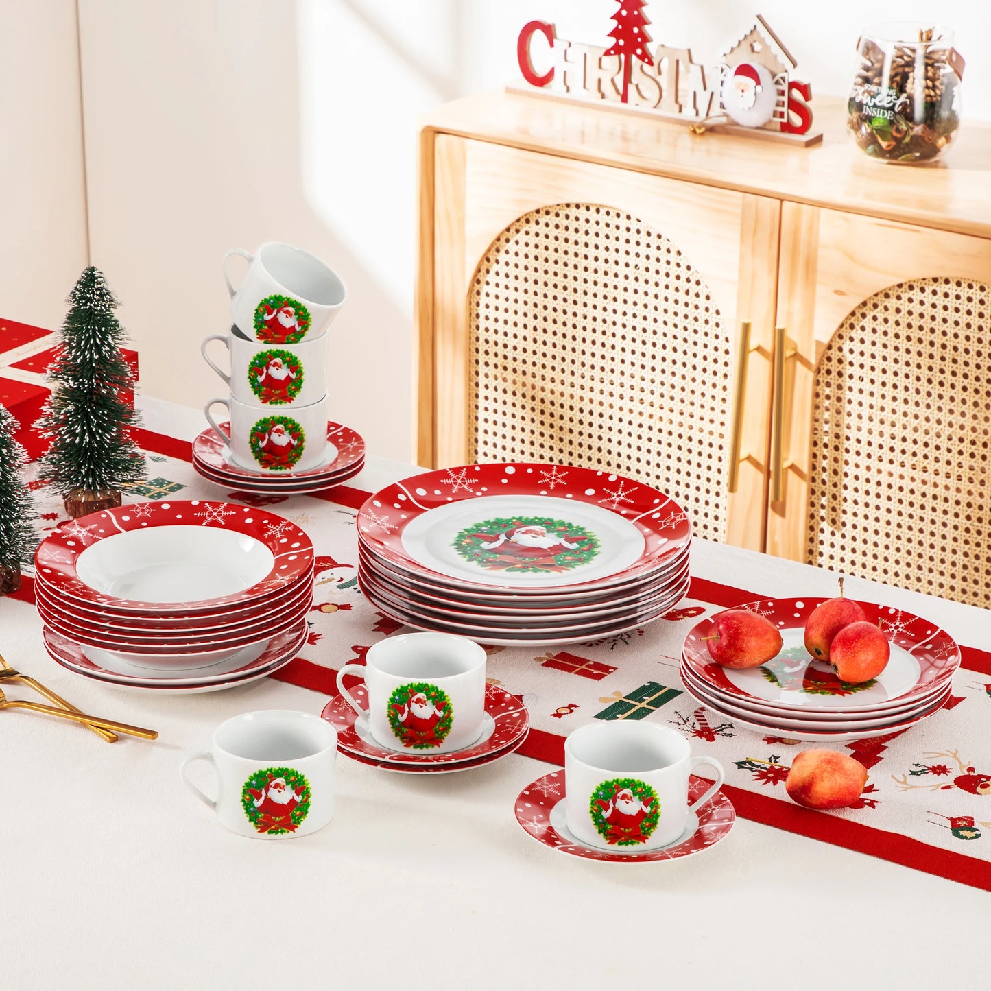 Santa Claus Christmas Dinnerware Set with Dinner Plates, Dessert Plates, Soup Plates & Cups, Premium-Grade Porcelain, Microwave & Dishwasher Safe