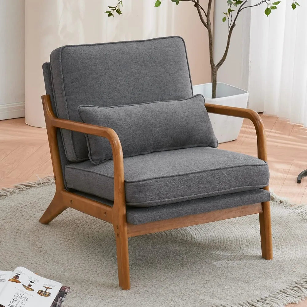 Wide Arm Chair Set of 2, Upholstered Chair with Solid Wood Frame & Lumbar Pillow, Mid-Century Modern Chair