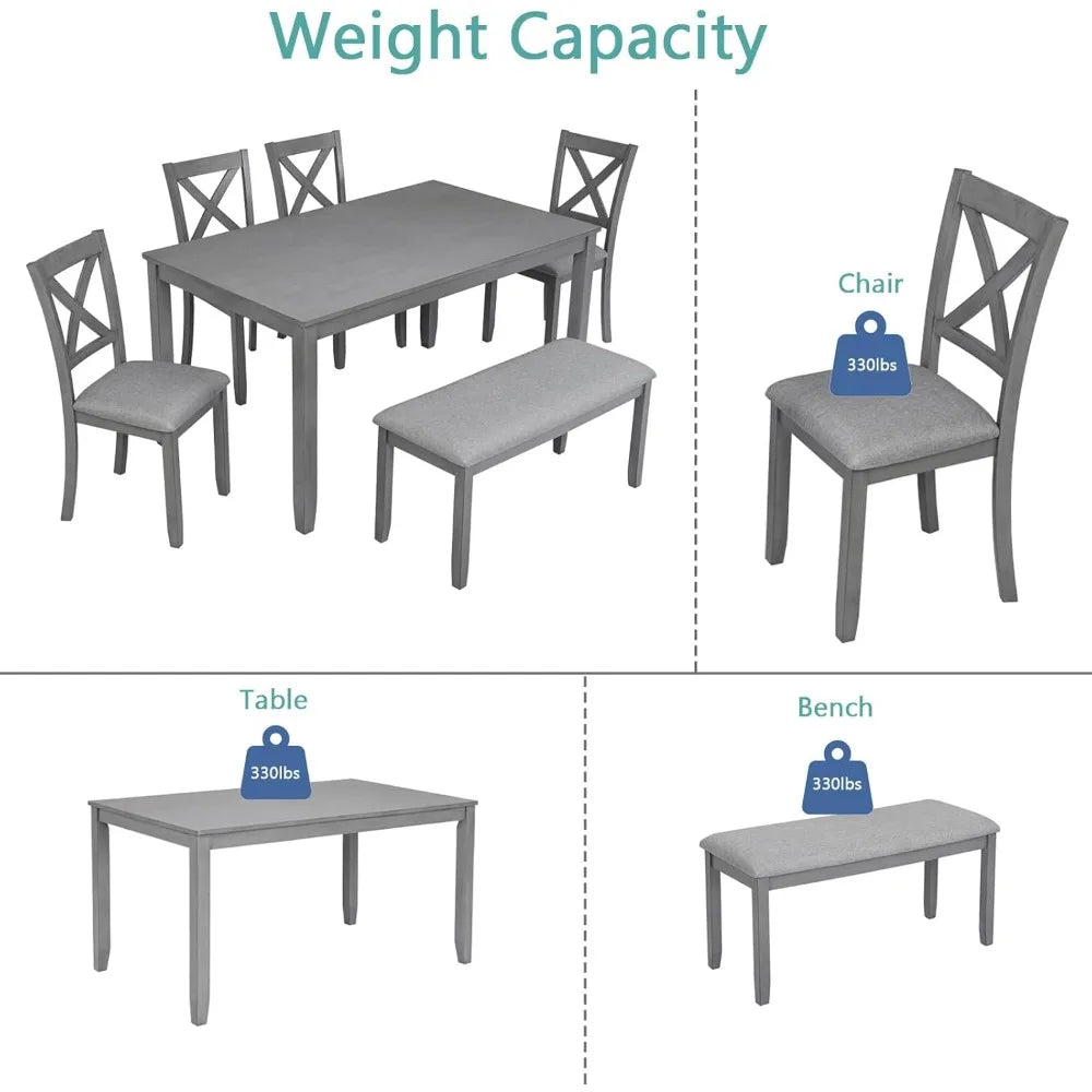 Dining Furniture 6-Piece Set with 4 Upholstered Chairs, 1 Kitchen Table & 1 Upholstered Bench, Multi-Functional Dining Set