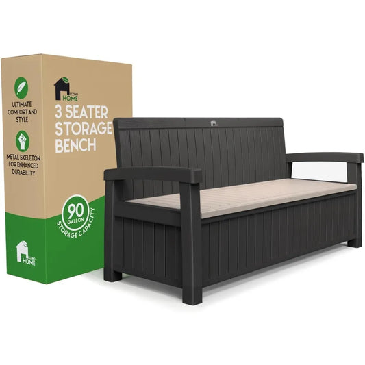 Weatherproof Resin Bench, 3 Seater, 90 Gallon Storage Capacity with Comfortable Armrests & Built-In Metal Seat Bars