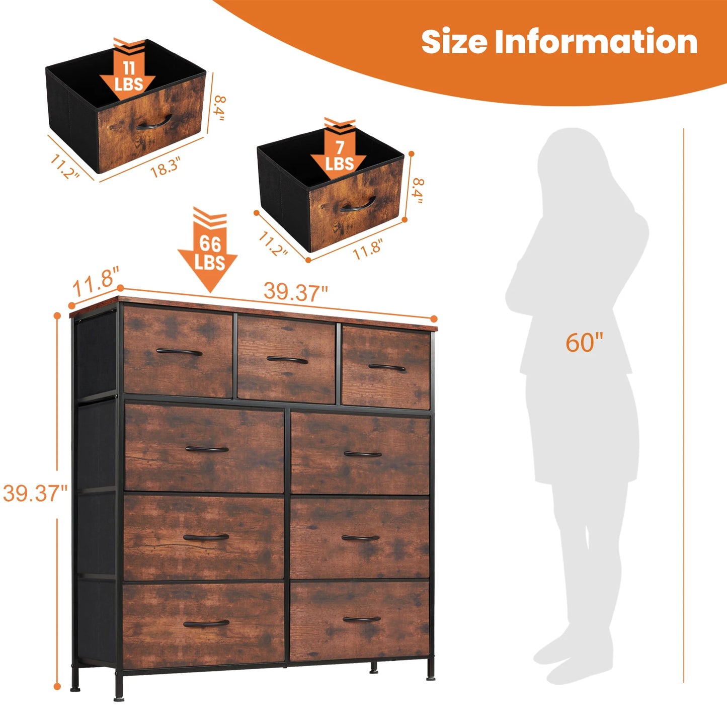 Dresser For Bedroom with Steel Frame & 9 Fabric Drawers, Clothes or Children's Toy Storage