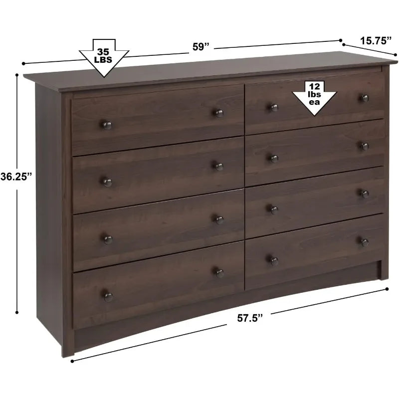 Espresso Finish Modern Bedroom Dresser with 2 Columns of 4 Full-Size Drawers & Antique Bronze Finished Knobs