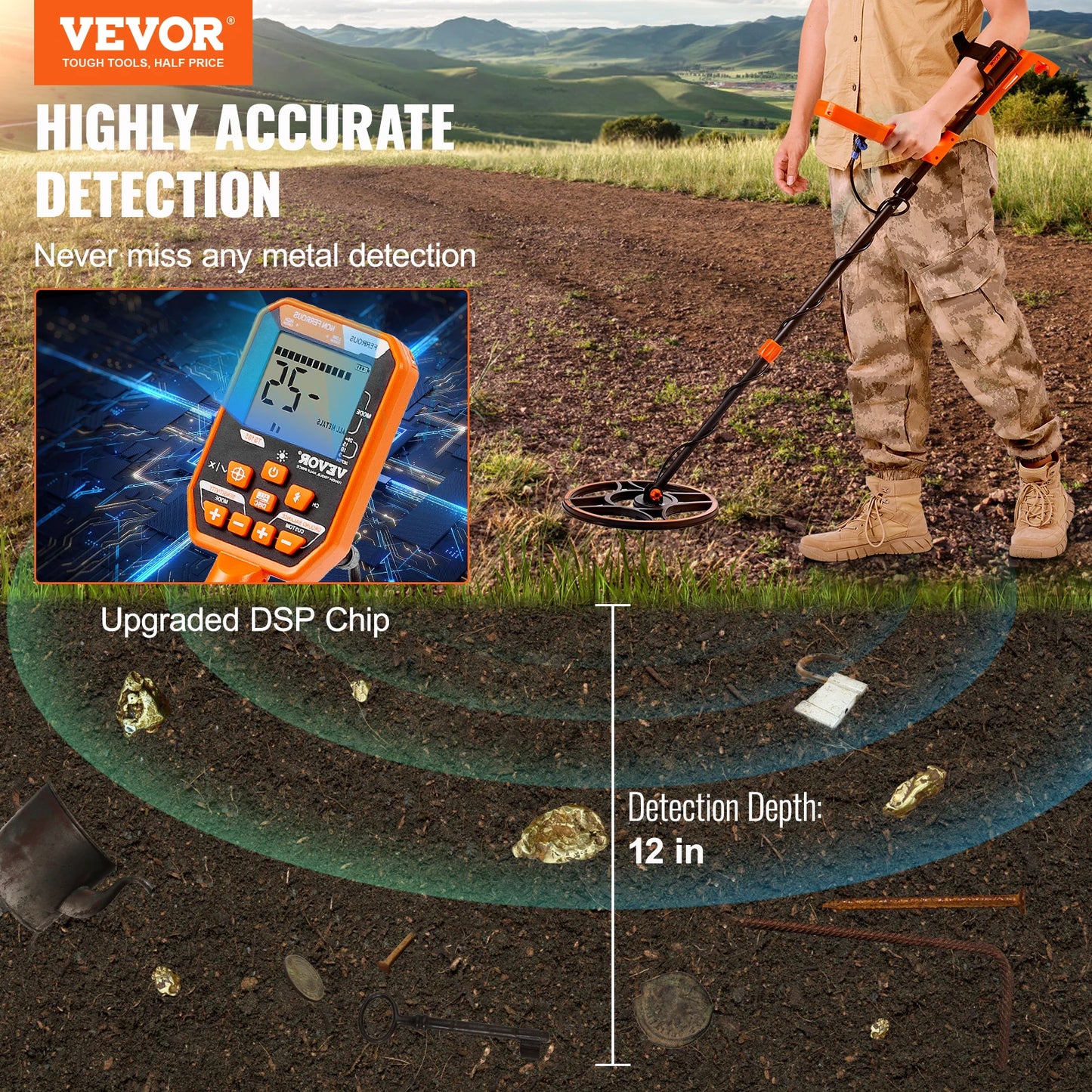 Rechargeable Metal Detector (12" Detection Depth) with IP68 Waterproof Coil, 39"-50" Adjustable Handle & LCD 7 Modes