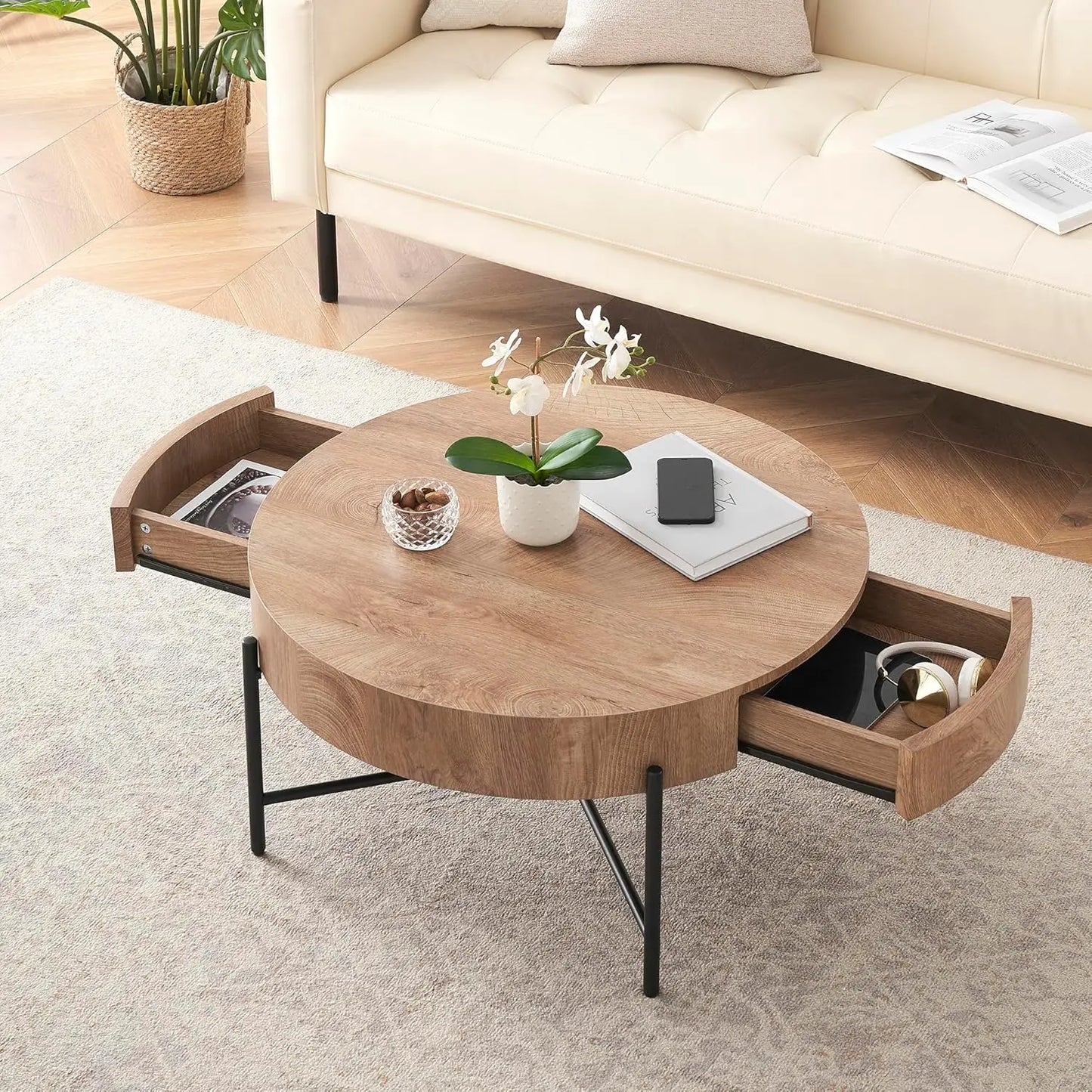 Natural Wood Grain Texture Round Coffee Table with Two Pull-Out Drawers & Metal Legs