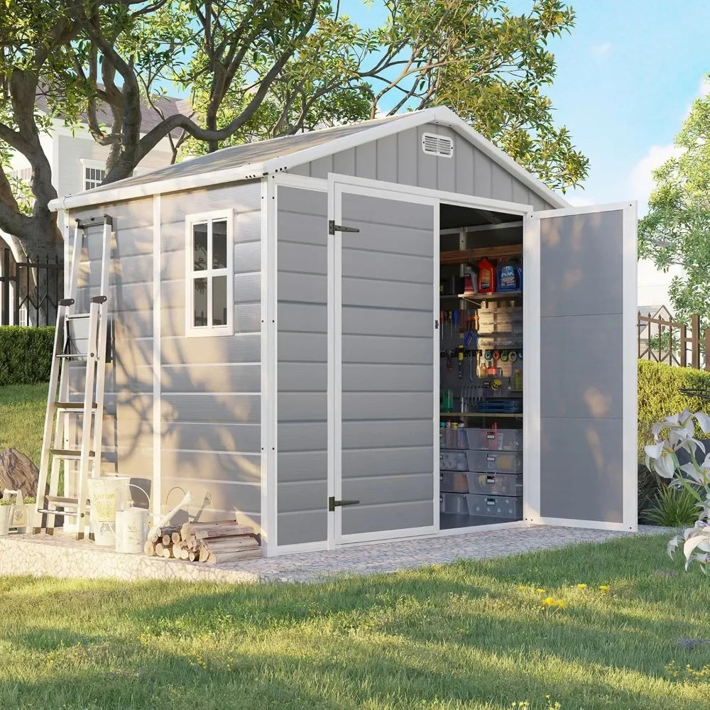 Resin Storage Tool Shed 6' x 8' with Floor, Vents & Window, Door Frame & Connecting Panels are Reinforced with Stainless Steel Tubes