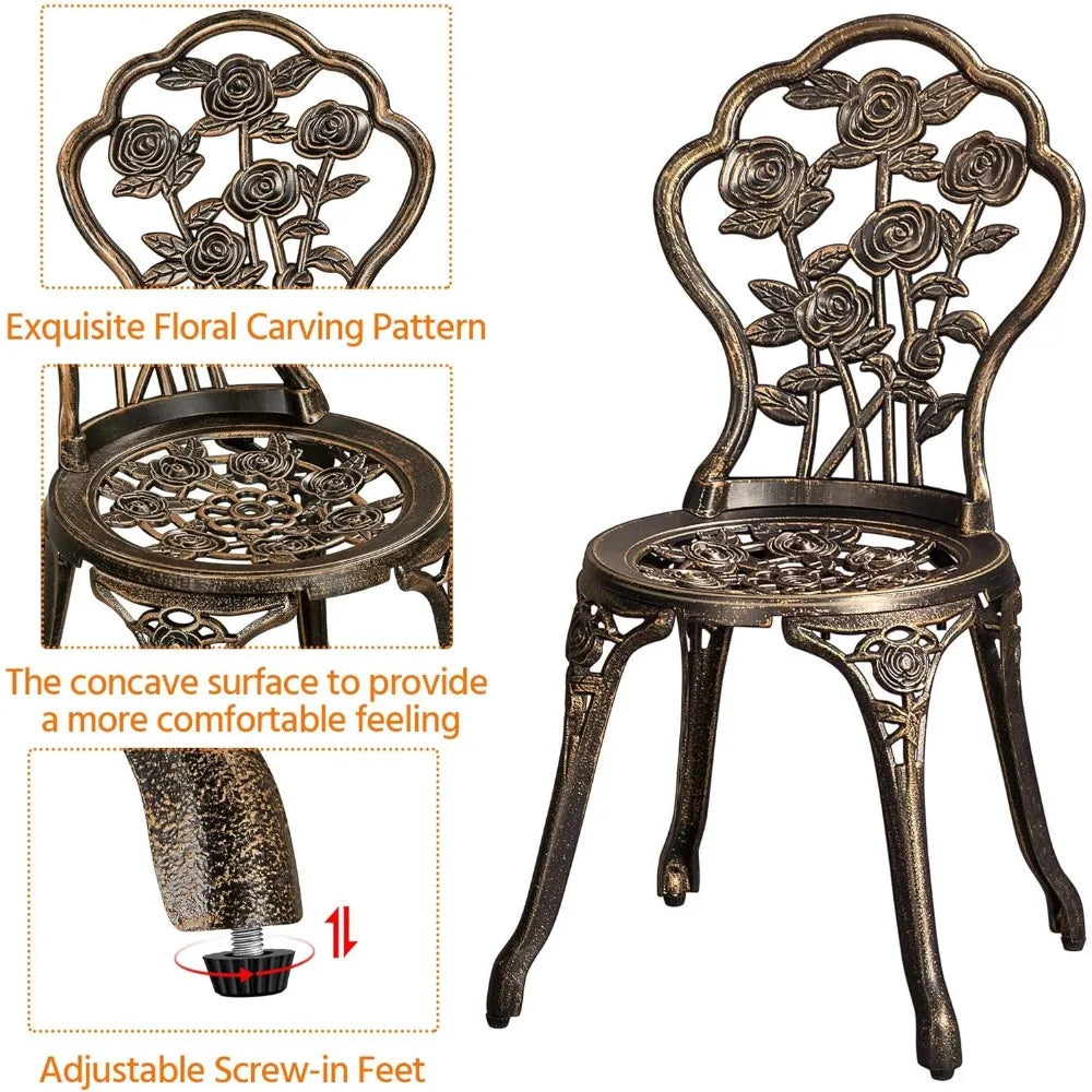 Rust-Resistant Cast Aluminum Table & Chairs, 3-Piece Outdoor Set, Vintage Rose Design, Chairs Feature Concave Seats & Foot Pads